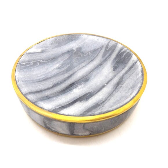 Soap Dish Round Gray Tiger Marble with Brass Trim New - Picture 1 of 4